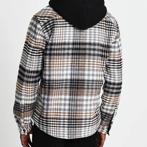 River Island Stone Check Print Long Sleeve Shacket with hood - Picture 4 of 5